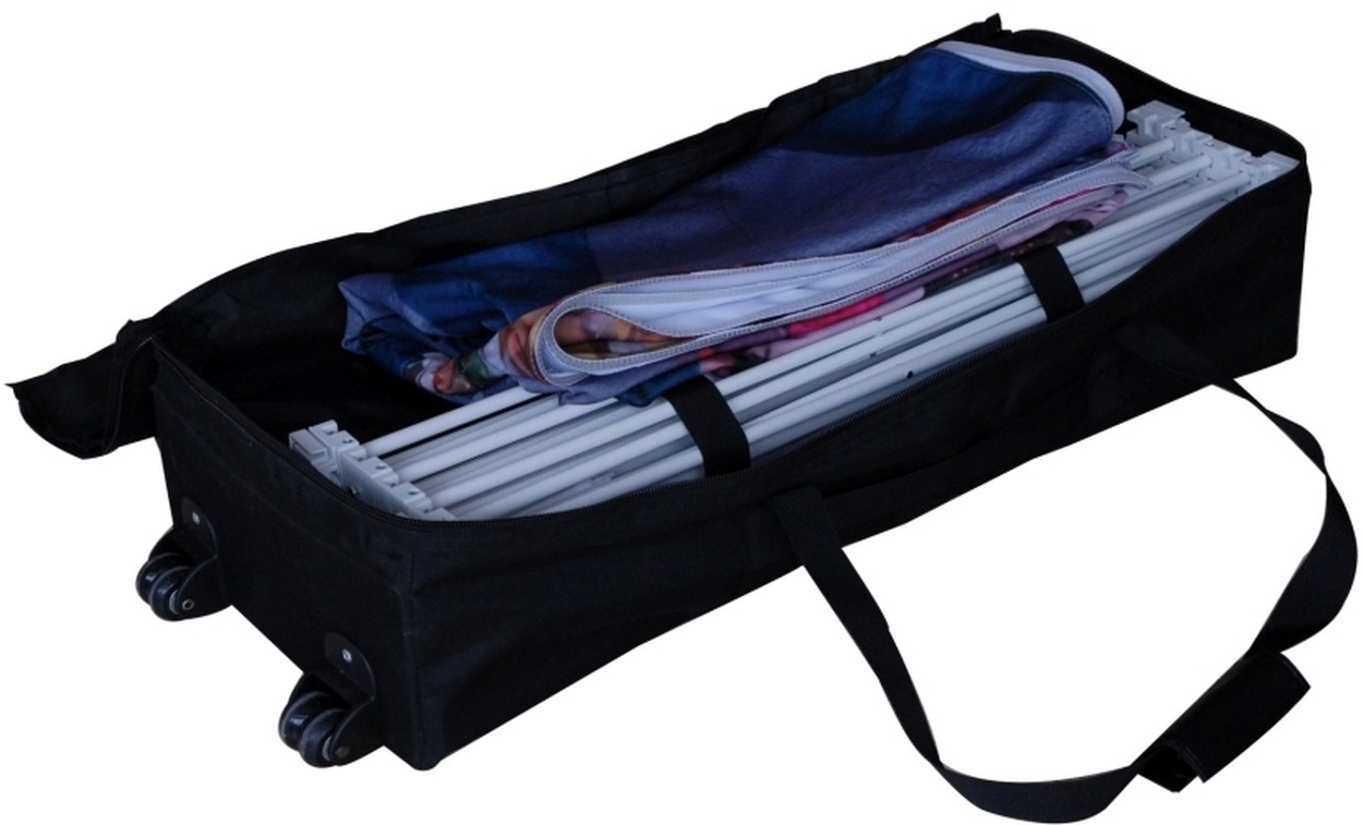 Silicon Fabric Pop-Up Faltdisplay verpackt in Transporttasche mit Rollen