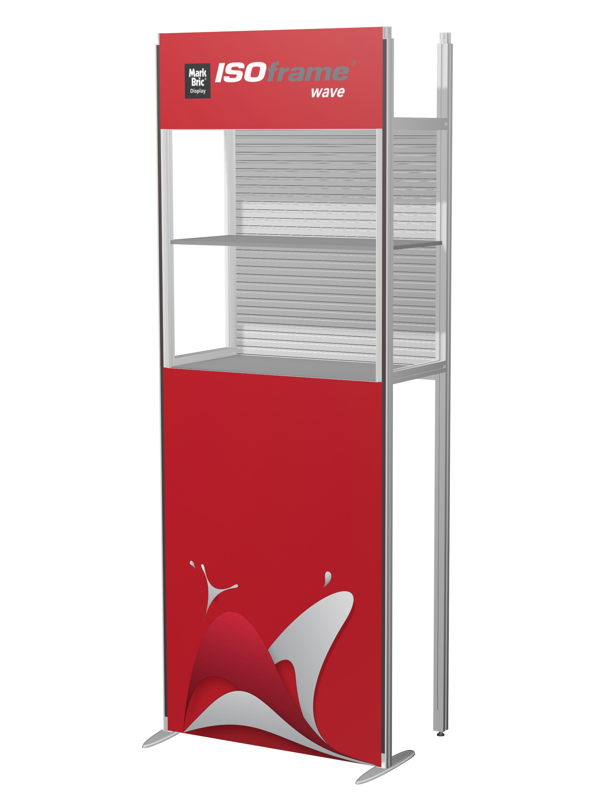 ISOframe wave Showcase Modul mit einem Vitrineneinsatz mit Druck