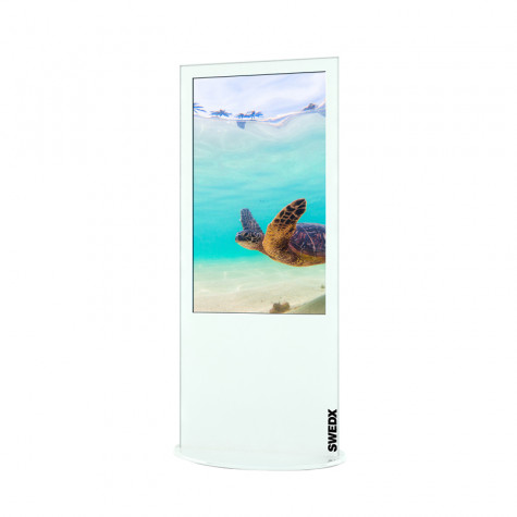 Lamina Stele mit 50 Zoll Bildschirmdiagonale und Touchscreen in weiß seitliche Ansicht vorne