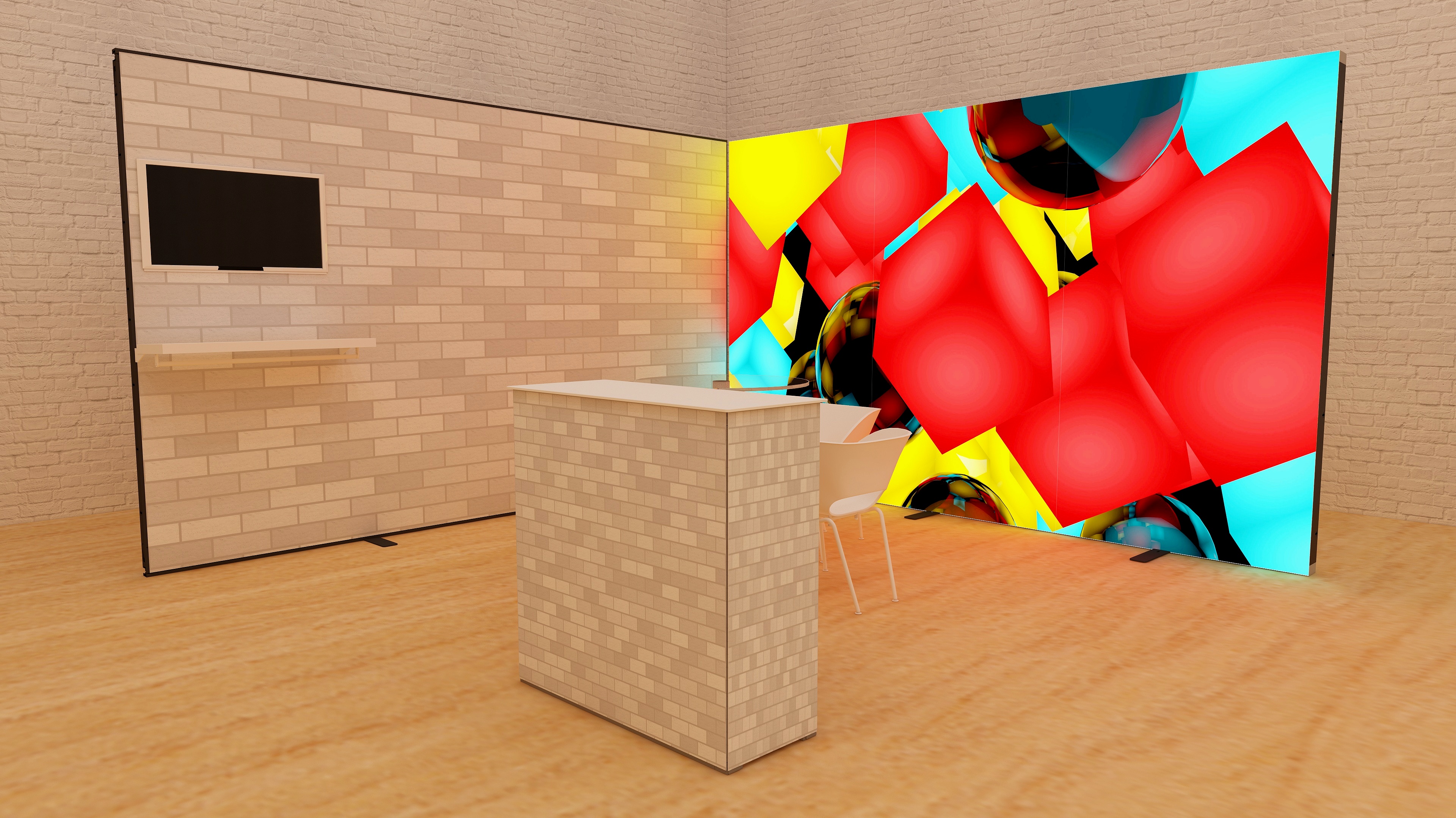 MultiFabric Messestand mit Monitorhalter und Theke